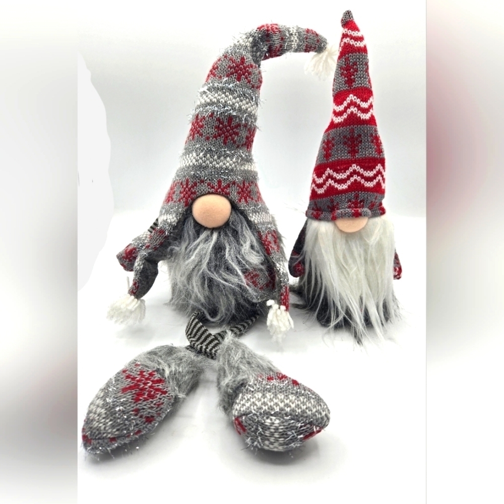 WINTER GNOMES NEW Gray White Red Hats Set of Two